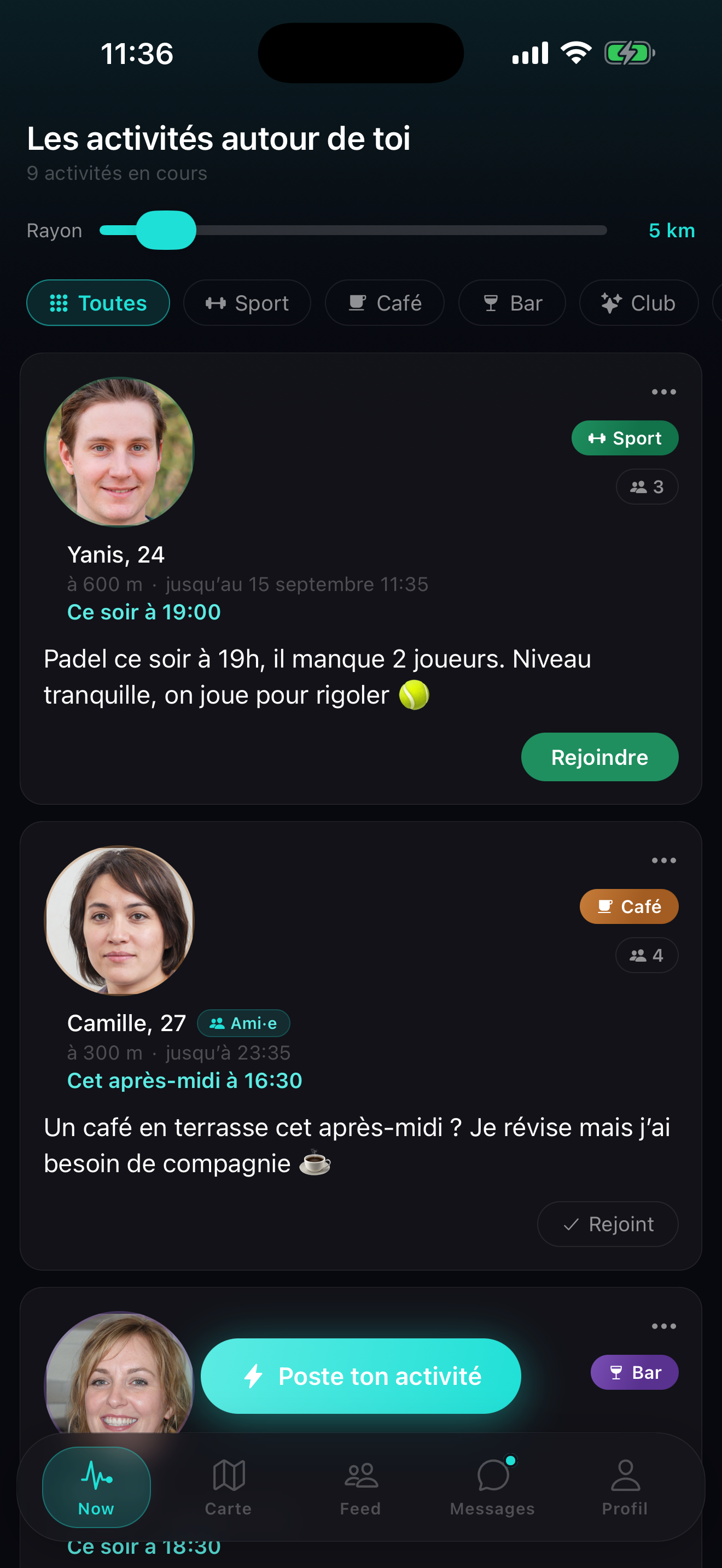Le fil Now de LIMENM : les activités en cours autour de toi, avec le rayon réglable